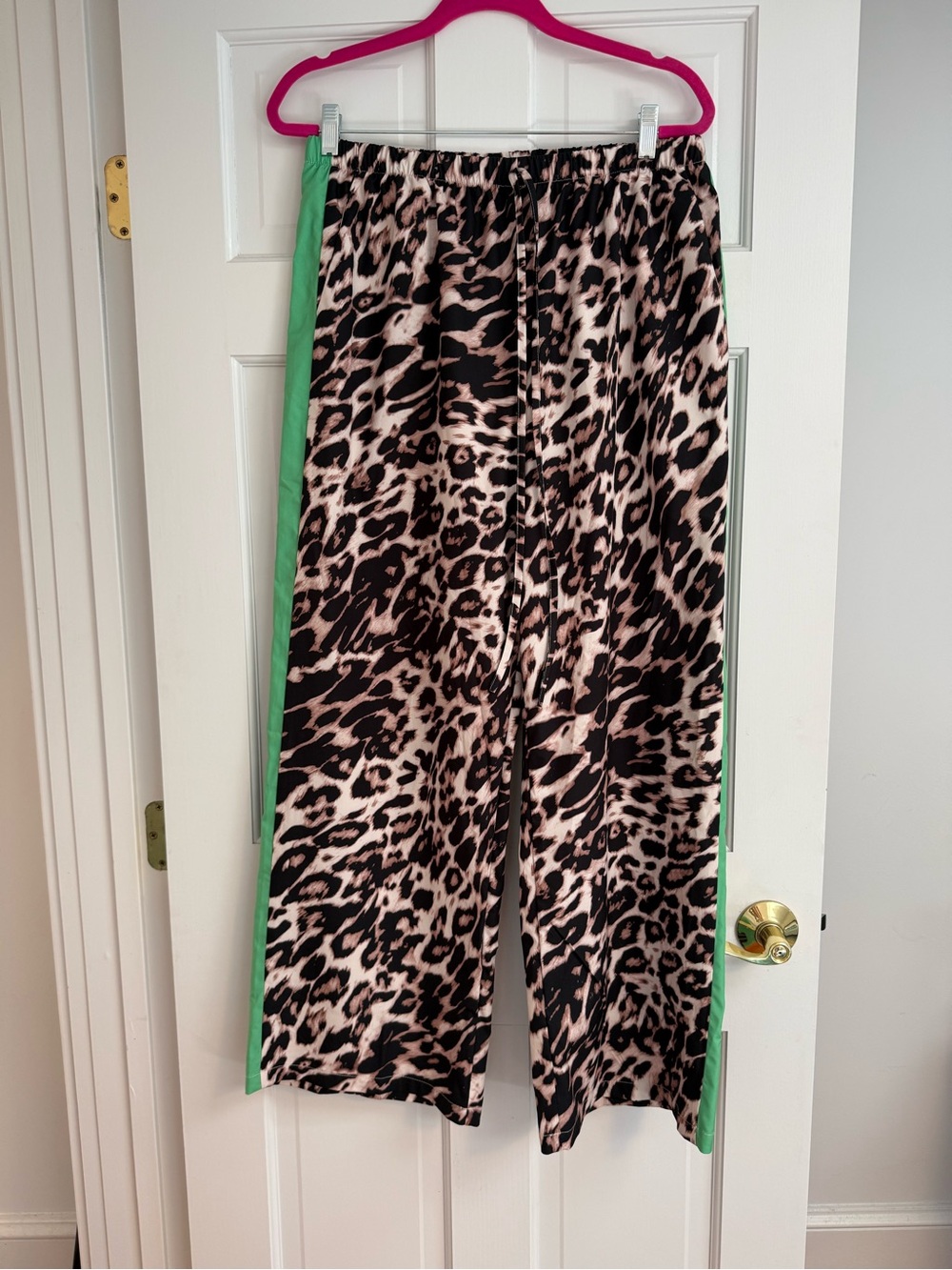Leopard Print Wide Leg Pants with Green Side Stripe